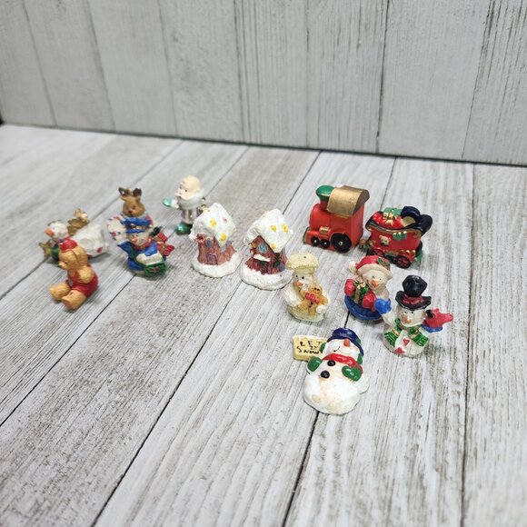 Vtg Assorted Christmas Ornaments figure Snowman Bear Train Santa House Set of 13 - Picture 3 of 5